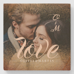 Custom Gold Glitter Couple Photo Monogrammed Stone Coaster