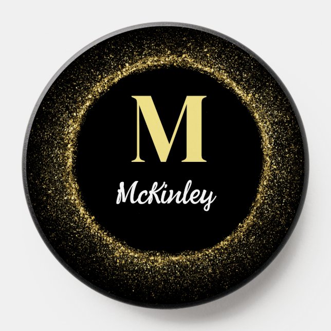 Custom Gold Glitter Cute White & Black Monogram PopSocket (Popsocket)