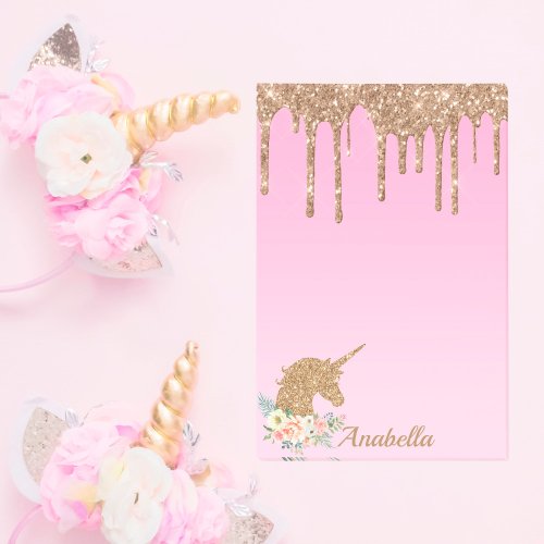 Custom Gold Glitter Drips Pink Floral Unicorn  Post_it Notes