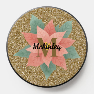 Custom Gold Glitter Green Flower Monogram PopSocket