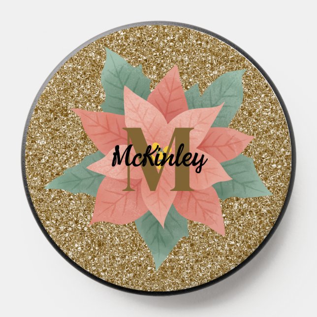 Custom Gold Glitter Green Flower Monogram PopSocket (Popsocket)