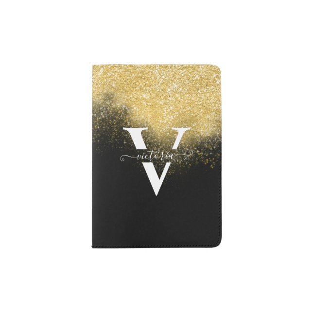 Custom Gold Glitter Trendy Monogram Modern Black  Passport Holder (Front)