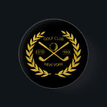 Custom Gold Golf Club Elegant Minimal Modern  Button<br><div class="desc">Custom gold golf club elegant, modern, minimalist, chic design. Personalized golf club button pin with laurel wreath, two crossed golf clubs, and golf ball. Personalized golf button pin with your logo, name, text, year, etc. Elegant gold golf club button pin personalized gift for golf club, golfer, golf player, team, coach....</div>