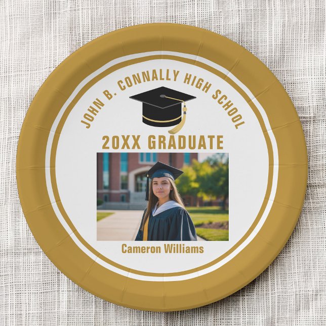 Custom Gold Graduate Photo 2026 Graduation Party Paper Plates (Creator Uploaded)
