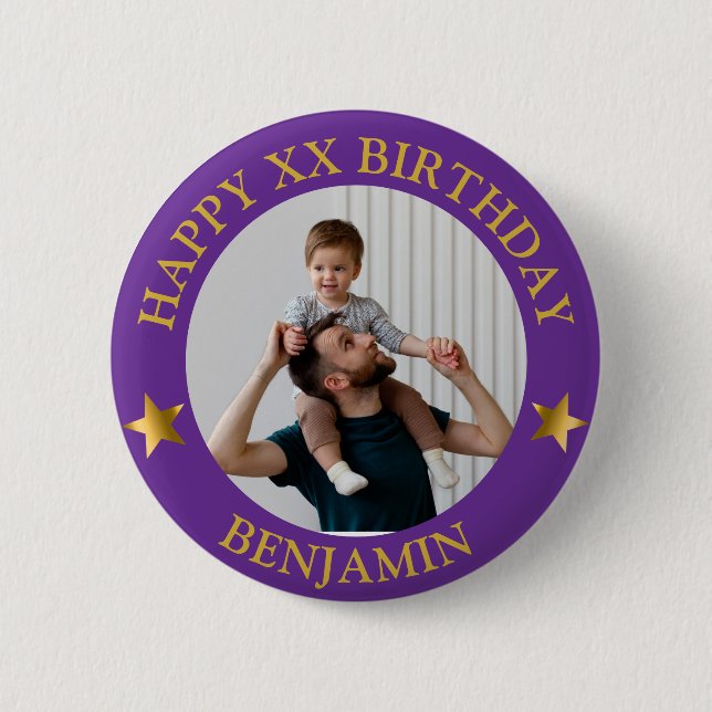  Custom Gold Happy Birthday Photo and Age Button (Front)