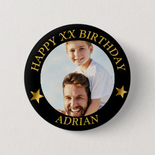 Custom Gold Happy Birthday Photo and Age Name Button
