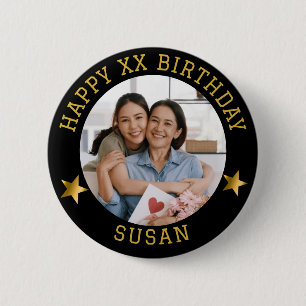 Custom Gold Happy Birthday Photo and Age Name Button