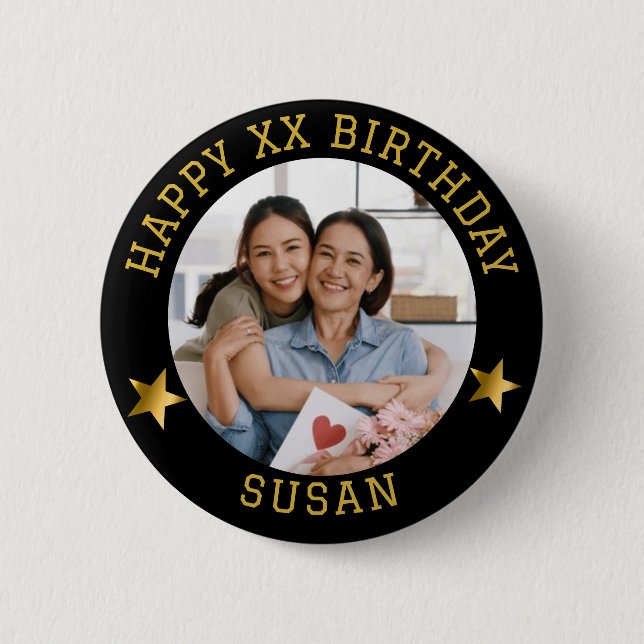  Custom Gold Happy Birthday Photo and Age Name Button (Front)