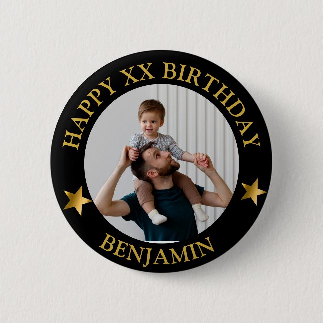  Custom Gold Happy Birthday Photo and Age Name Button (Front)