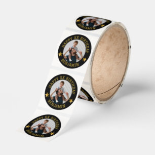 Custom Gold Happy Birthday Photo and Age Name Classic Round Sticker