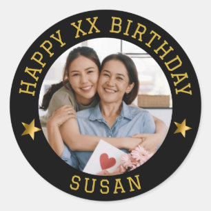 Custom Gold Happy Birthday Photo and Age Name Classic Round Sticker