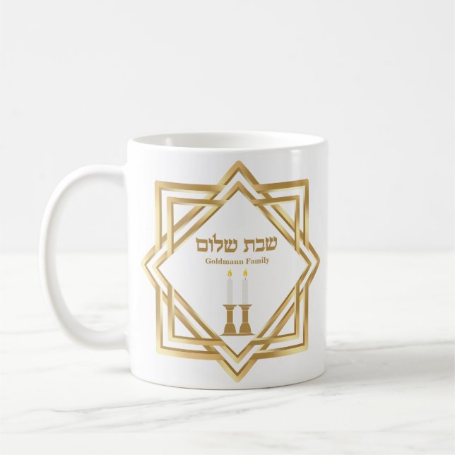 Custom Gold Hebrew Candles Shabbat Shalom  Coffee Mug (Left)