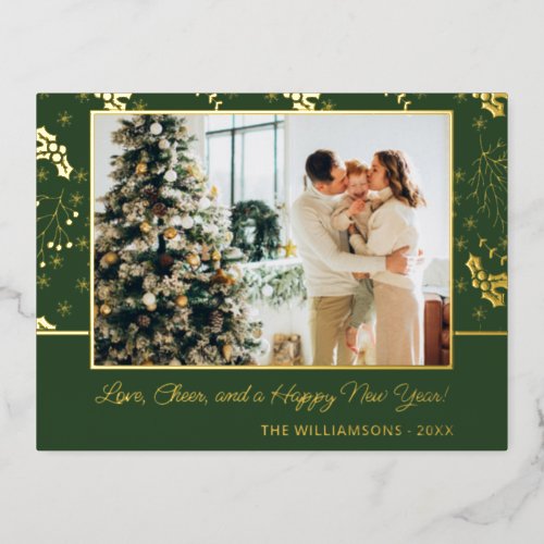 Custom Gold Holly Berry Leaves Snowflakes Pattern Foil Holiday Postcard