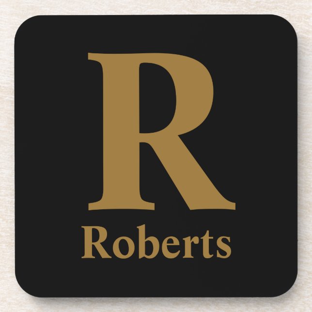 Custom Gold Initial/First/Family Name On Black Beverage Coaster (Front)