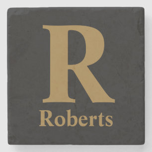 Custom Gold Initial/First/Family Name On Black Stone Coaster