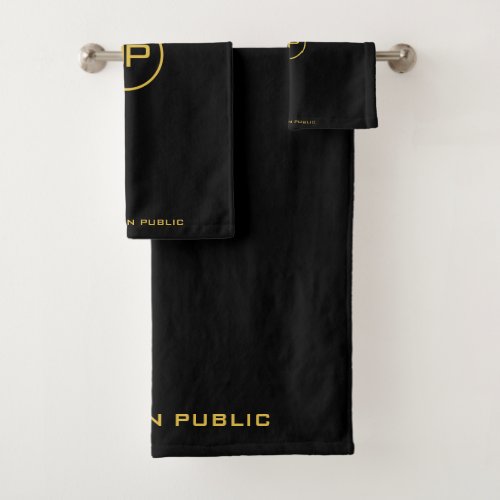 Custom Gold Initial Monogram Name Black Template Bath Towel Set