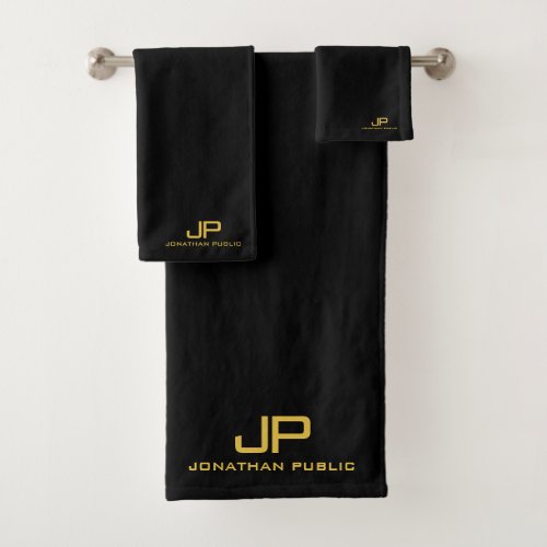 Custom Gold Initial Monogram Name Black Template Bath Towel Set