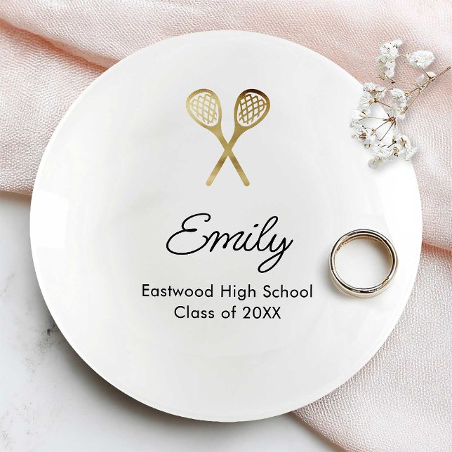 Custom Gold Lacrosse Graduation Stocking Stuffer Trinket Tray (Gold lacrosse graduation trinket tray with name, school, and class year)