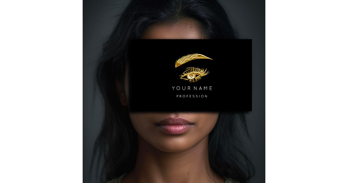 Custom Gold Lashes Brows Makeup Logo Black Business Card | Zazzle
