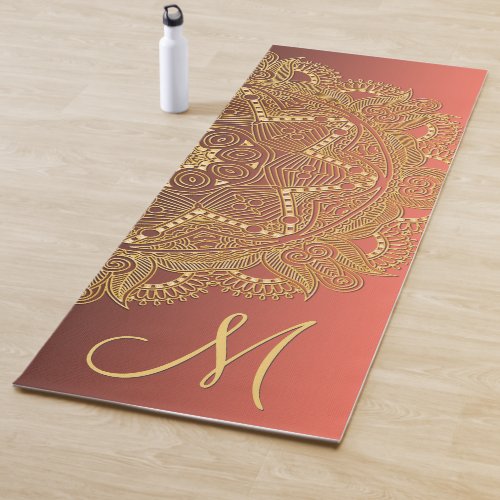 Custom Gold Mandala Art Pattern Coral Red Orange Yoga Mat