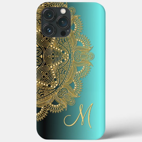 Custom Gold Mandala Art Pattern On Aqua Turquoise iPhone 13 Pro Max Case