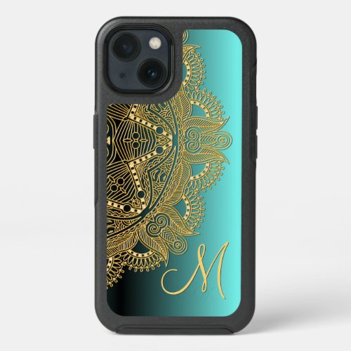 Custom Gold Mandala Art Pattern On Aqua Turquoise iPhone 13 Case