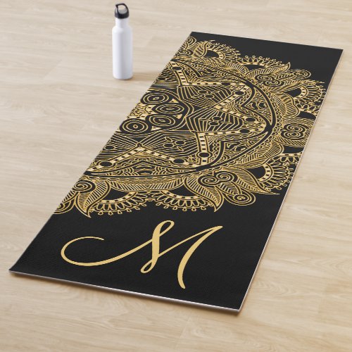 Custom Gold Mandala Art Pattern On Chic Black Yoga Mat