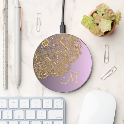 Custom Gold Mandala Art Pattern On Pink Purple Wireless Charger