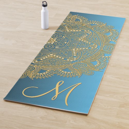 Custom Gold Mandala Art Pattern On Summer Sky Blue Yoga Mat