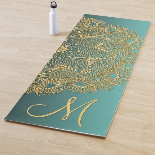 Custom Gold Mandala Art Pattern On Teal Blue Green Yoga Mat