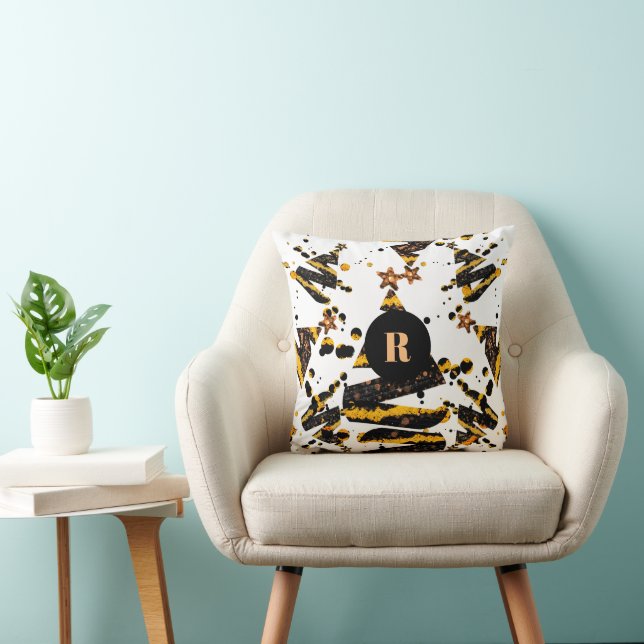 Custom Gold Monogrammed Christmas Tree Pattern Throw Pillow (Chair)