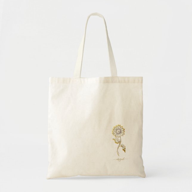  Custom Gold Name Hand-Drawn Sunflower  Tote Bag (Front)