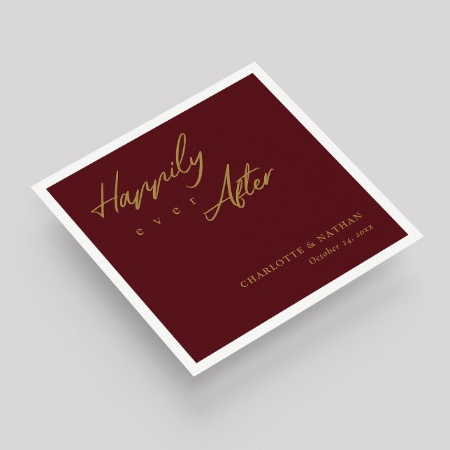 Custom Gold on Burgundy Happily Ever After Wedding Napkins (Custom Gold on Burgundy Happily Ever After Wedding Napkins)