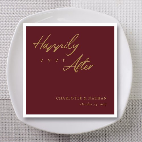 Custom Gold on Burgundy Happily Ever After Wedding Napkins