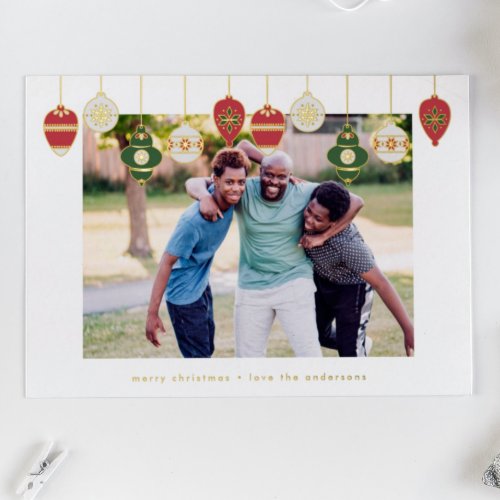 custom gold outlined ornaments red green photo foil holiday card