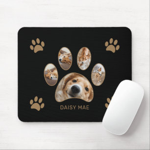 Custom Gold Paw Print Name Photo Collage Black Mouse Pad