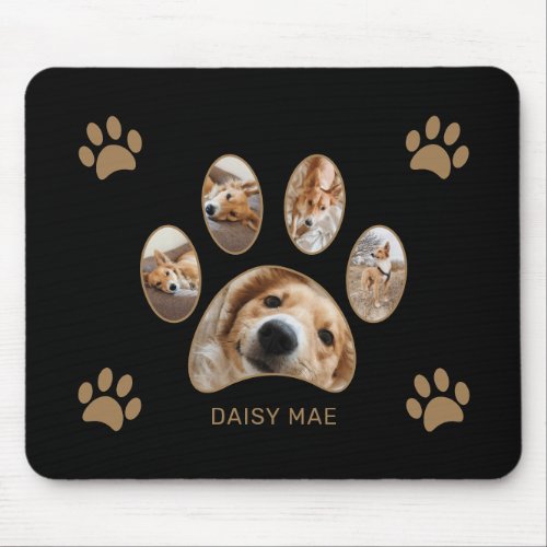 Custom Gold Paw Print Name Photo Collage Black Mouse Pad