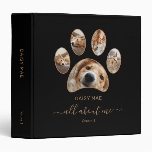 Custom Gold Paw Print Pet Photo Collage Name Black 3 Ring Binder