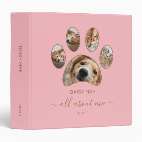 Custom Gold Paw Print Pet Photo Collage Name Pink 3 Ring Binder