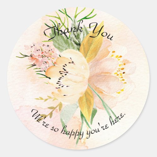 Custom Gold Peach Watercolor Floral Thank You Classic Round Sticker