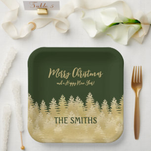 Custom Gold Pine Trees Christmas Paper Plates