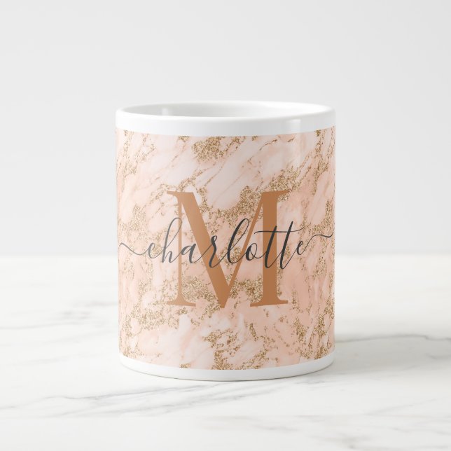 Custom Gold Pink Marble Glitter Monogram Name Giant Coffee Mug (Front)