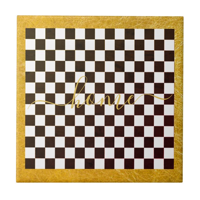 Custom Gold Porlien Courtly Check Home Decor Black Ceramic Tile (Front)