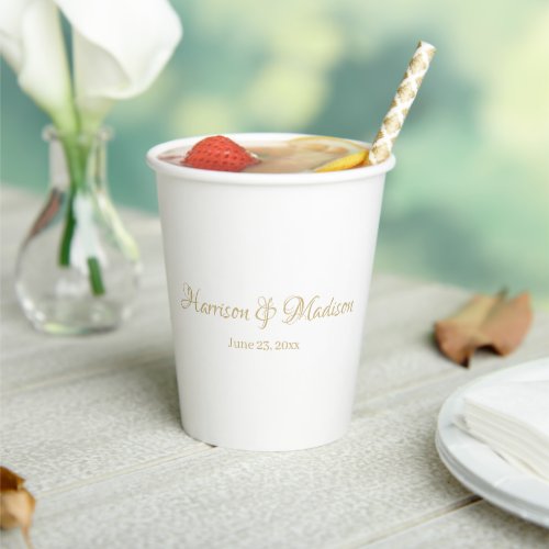 Custom gold script Couple Name Date Wedding Paper Cups