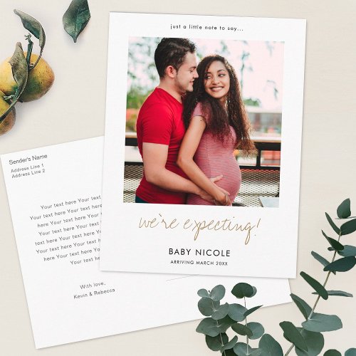 Custom Gold Script Photo Pregnancy  Announcement Postcard