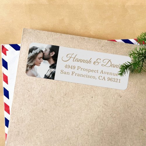 Custom Gold Script Photo Wedding Return Address Label