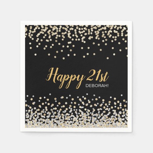 Custom Gold Silver Confetti 21st Birthday Party Napkins