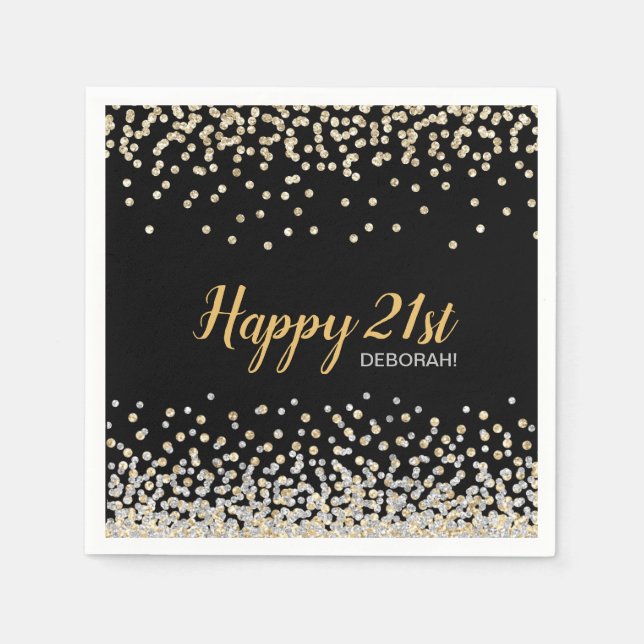 Custom Gold Silver Confetti 21st Birthday Party Napkins (Front)