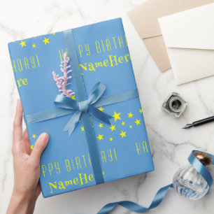 Custom Gold Stars and Moon Happy Birthday Blue Wrapping Paper