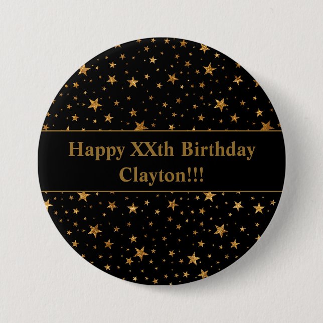 Custom Gold Stars With Message On Black Birthday Button (Front)